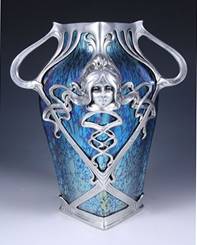 Loetz Art Nouveau Iridescent Glass Vase with Pewter Mount: 